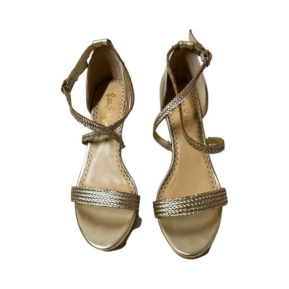 LILLY PULITZER Maddie Gold Braided Leather Cork Platform Heels Sz 7.5 - Picture 2 of 4